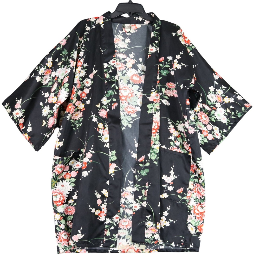 Vintage Made in Japan Kimono‎ Robe Womens OS Floral Satin Feel Loungewear Haori